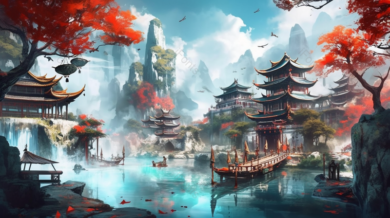国潮风黄鹤楼地标建筑山水林木景色唯美插画,插画/手绘图,插画/手绘图库,插画/手绘图下载,插画/手绘